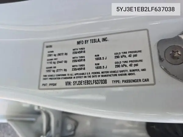 2020 Tesla Model 3 VIN: 5YJ3E1EB2LF637038 Lot: 42681334