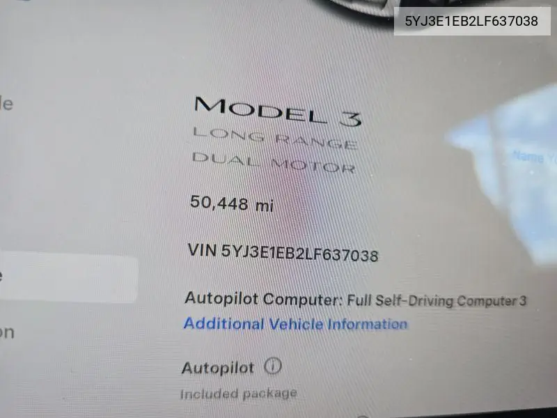2020 Tesla Model 3 VIN: 5YJ3E1EB2LF637038 Lot: 42681334