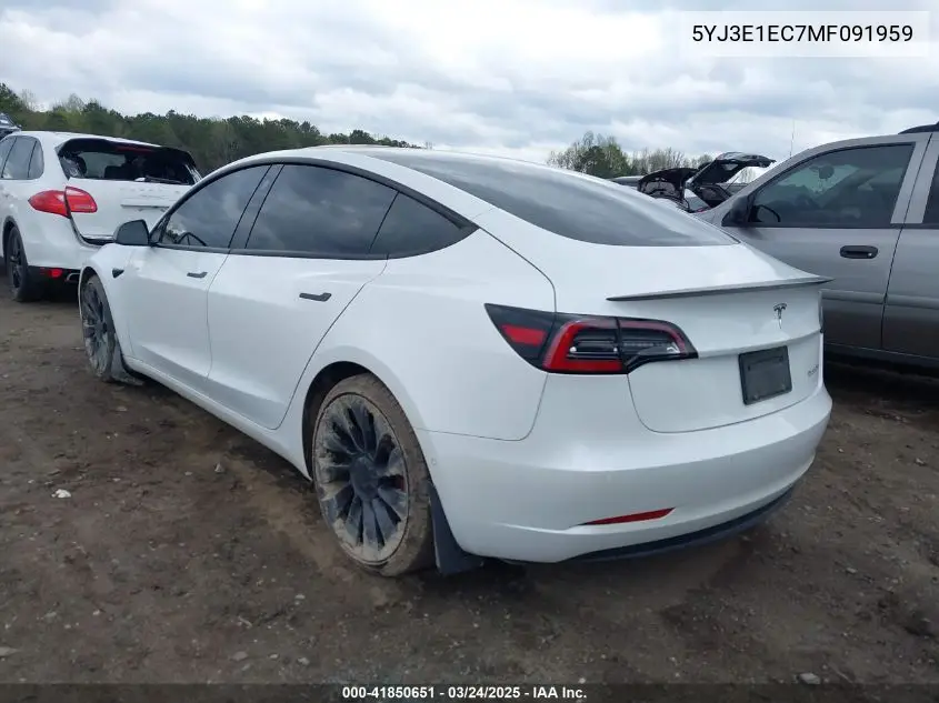 2021 Tesla Model 3 Performance Dual Motor All-Wheel Drive VIN: 5YJ3E1EC7MF091959 Lot: 41850651