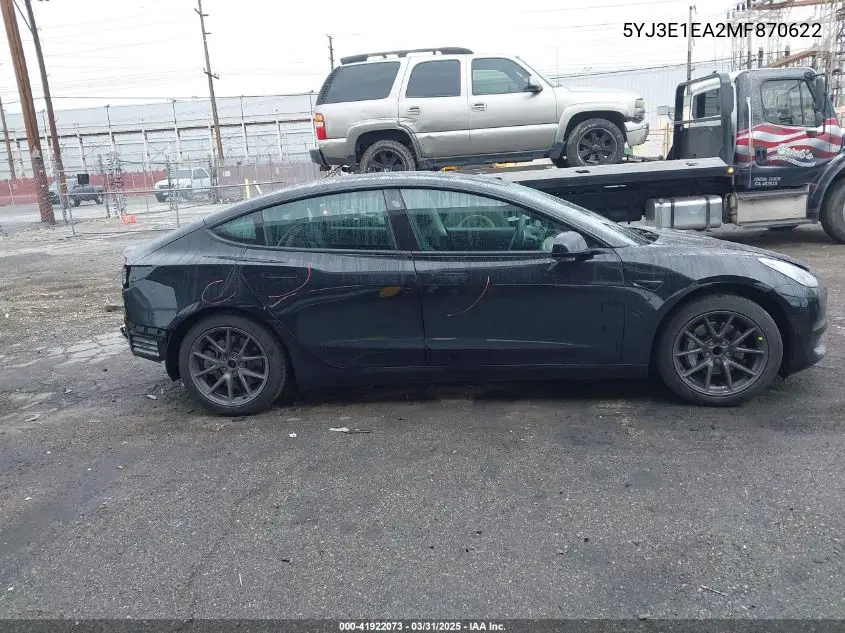 2021 Tesla Model 3 Standard Range Plus Rear-Wheel Drive VIN: 5YJ3E1EA2MF870622 Lot: 41922073