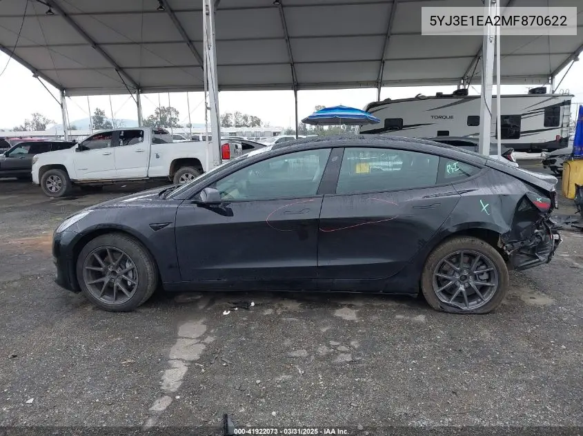 2021 Tesla Model 3 Standard Range Plus Rear-Wheel Drive VIN: 5YJ3E1EA2MF870622 Lot: 41922073