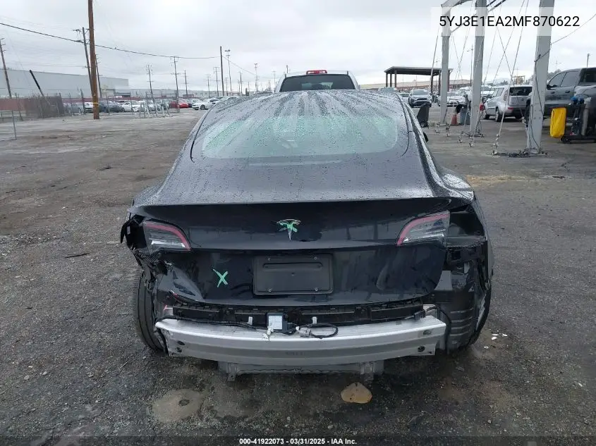 2021 Tesla Model 3 Standard Range Plus Rear-Wheel Drive VIN: 5YJ3E1EA2MF870622 Lot: 41922073