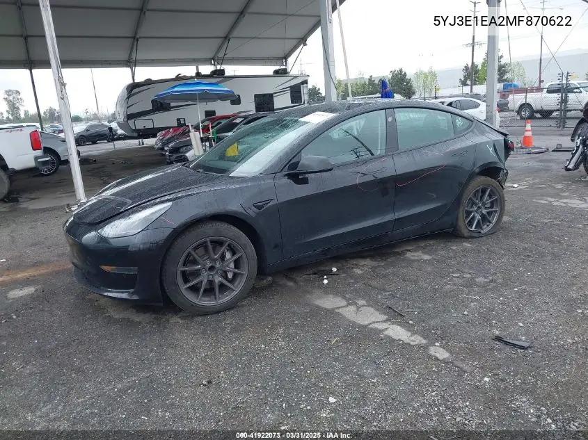 2021 Tesla Model 3 Standard Range Plus Rear-Wheel Drive VIN: 5YJ3E1EA2MF870622 Lot: 41922073