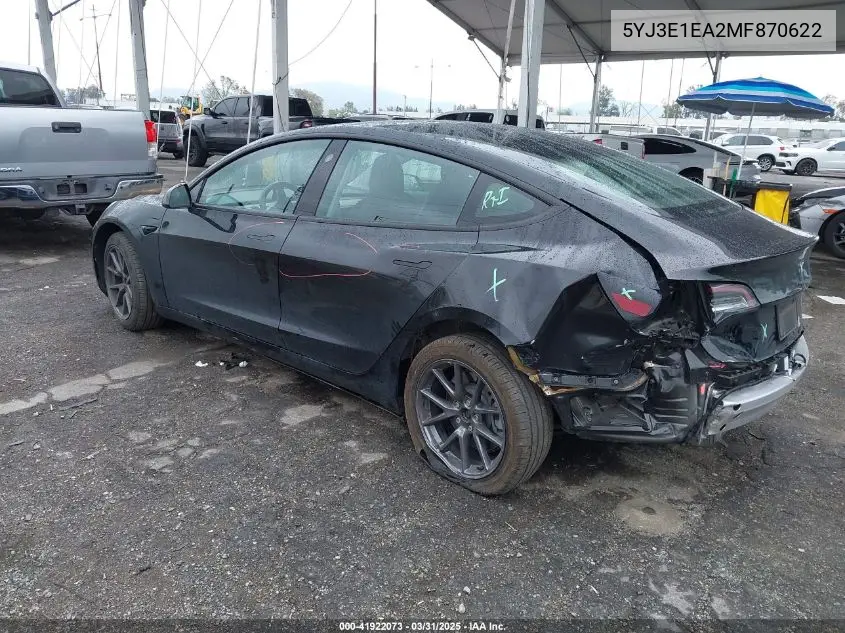 2021 Tesla Model 3 Standard Range Plus Rear-Wheel Drive VIN: 5YJ3E1EA2MF870622 Lot: 41922073