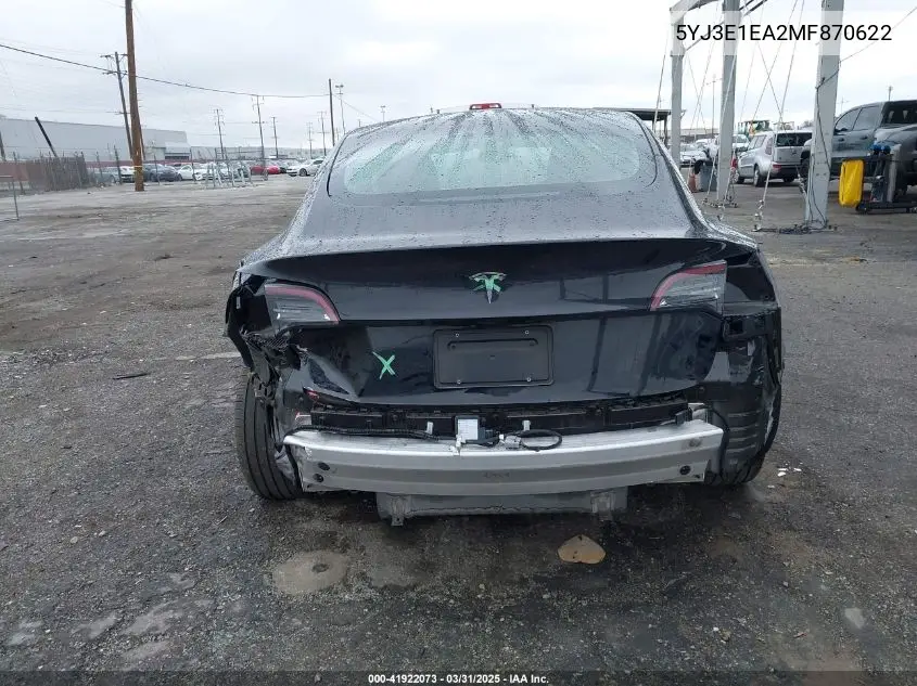 2021 Tesla Model 3 Standard Range Plus Rear-Wheel Drive VIN: 5YJ3E1EA2MF870622 Lot: 41922073