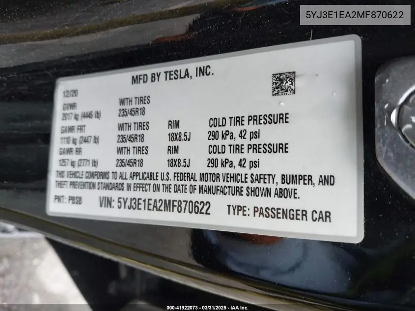 2021 Tesla Model 3 Standard Range Plus Rear-Wheel Drive VIN: 5YJ3E1EA2MF870622 Lot: 41922073