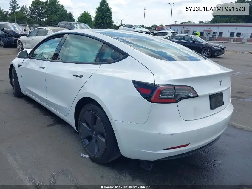 2021 Tesla Model 3 Standard Range Plus Rear-Wheel Drive VIN: 5YJ3E1EA1MF991593 Lot: 42623617
