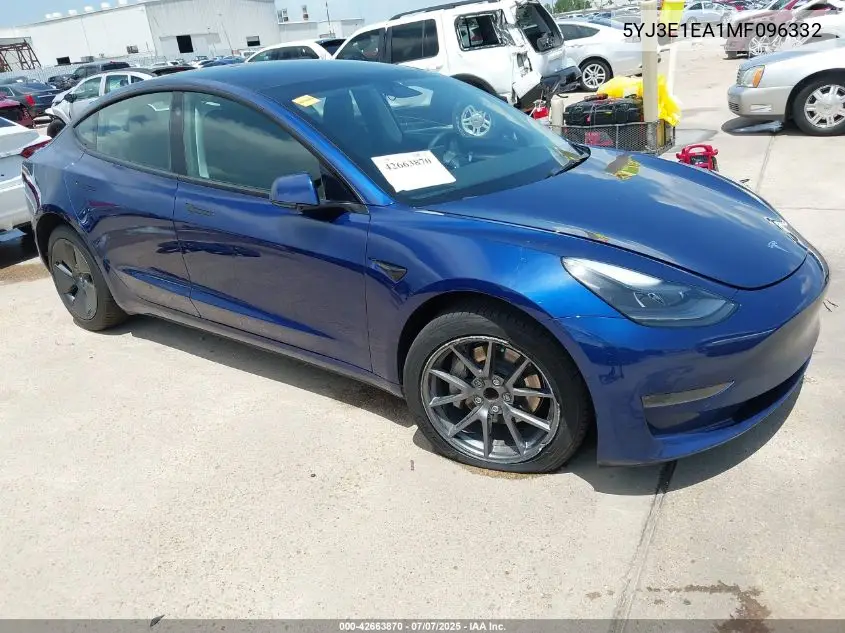 2021 Tesla Model 3 Standard Range Plus Rear-Wheel Drive VIN: 5YJ3E1EA1MF096332 Lot: 42663870