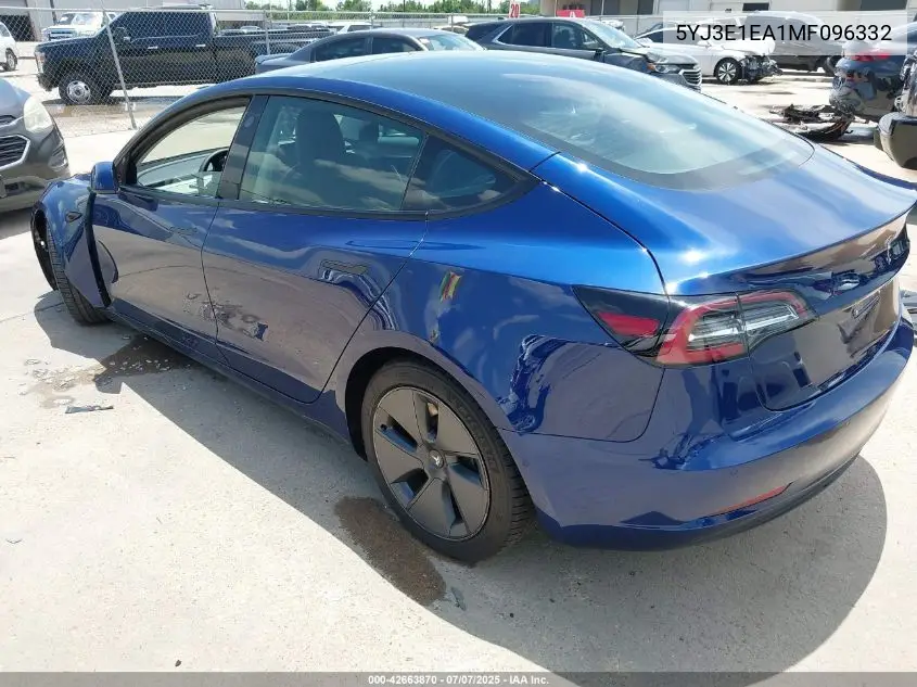 2021 Tesla Model 3 Standard Range Plus Rear-Wheel Drive VIN: 5YJ3E1EA1MF096332 Lot: 42663870