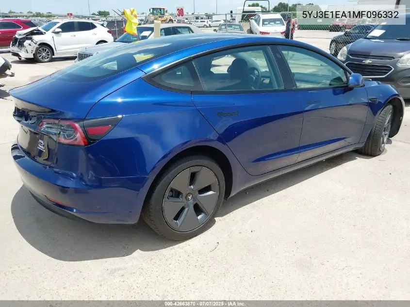 2021 Tesla Model 3 Standard Range Plus Rear-Wheel Drive VIN: 5YJ3E1EA1MF096332 Lot: 42663870