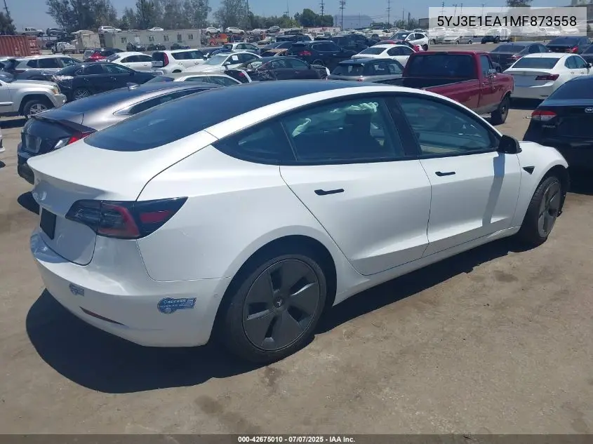 2021 Tesla Model 3 Standard Range Plus Rear-Wheel Drive VIN: 5YJ3E1EA1MF873558 Lot: 42675010