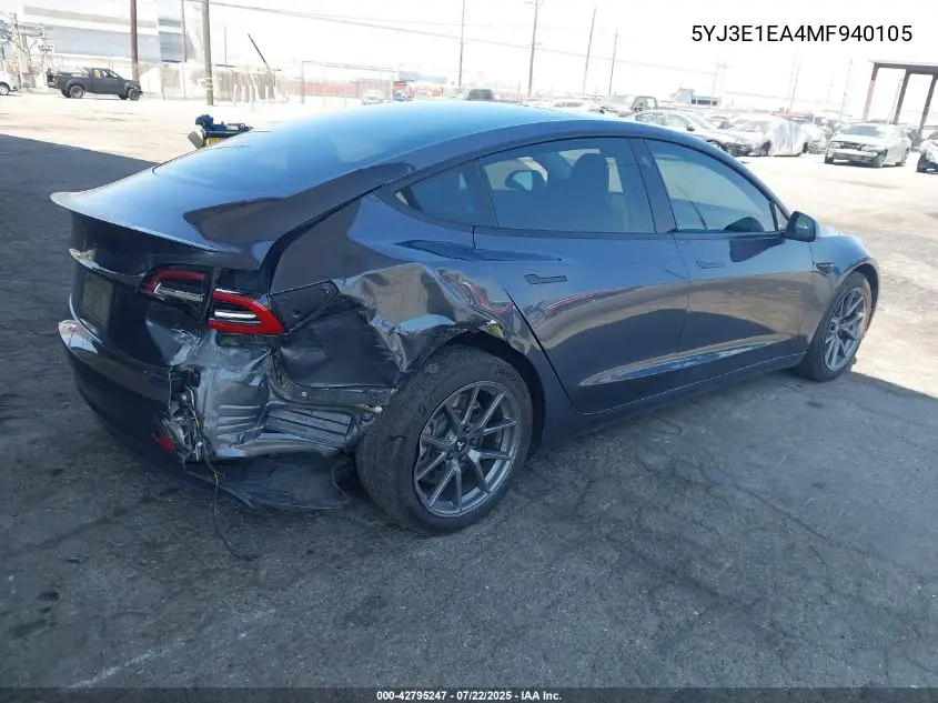 2021 Tesla Model 3 Standard Range Plus Rear-Wheel Drive VIN: 5YJ3E1EA4MF940105 Lot: 42795247