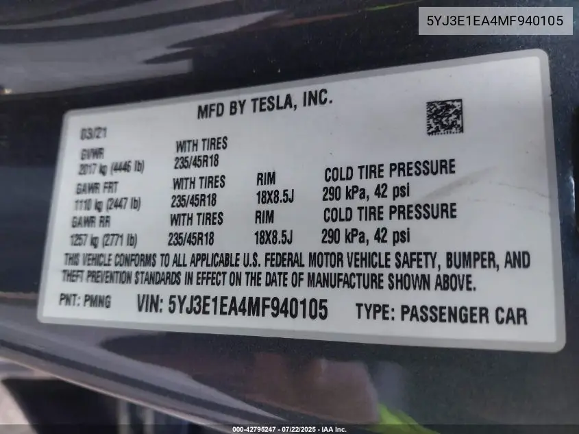 2021 Tesla Model 3 Standard Range Plus Rear-Wheel Drive VIN: 5YJ3E1EA4MF940105 Lot: 42795247