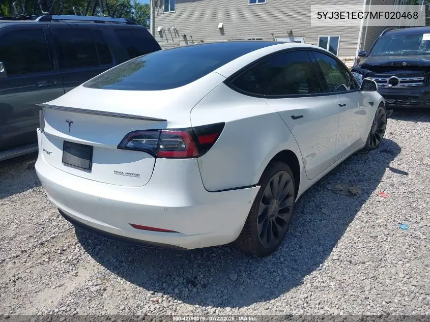 2021 Tesla Model 3 Performance Dual Motor All-Wheel Drive VIN: 5YJ3E1EC7MF020468 Lot: 42798079