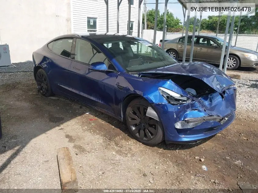 2021 Tesla Model 3 Long Range Dual Motor All-Wheel Drive VIN: 5YJ3E1EB8MF026478 Lot: 42810492