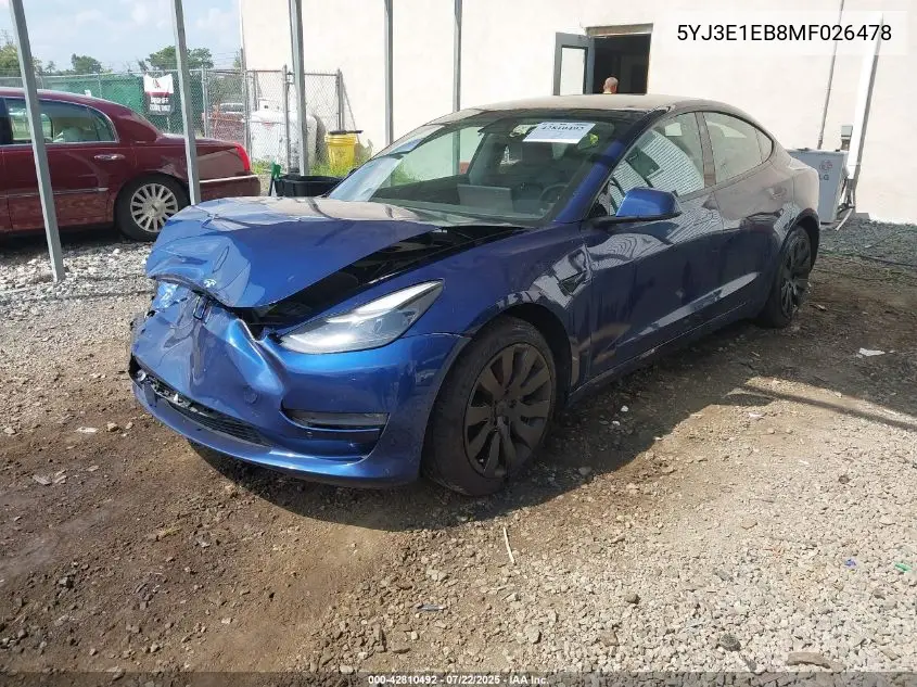 2021 Tesla Model 3 Long Range Dual Motor All-Wheel Drive VIN: 5YJ3E1EB8MF026478 Lot: 42810492
