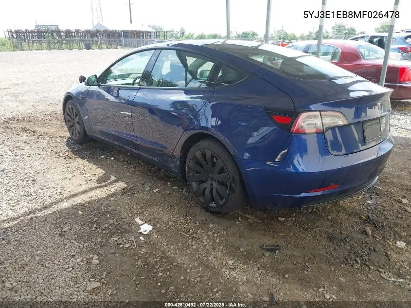 2021 Tesla Model 3 Long Range Dual Motor All-Wheel Drive VIN: 5YJ3E1EB8MF026478 Lot: 42810492