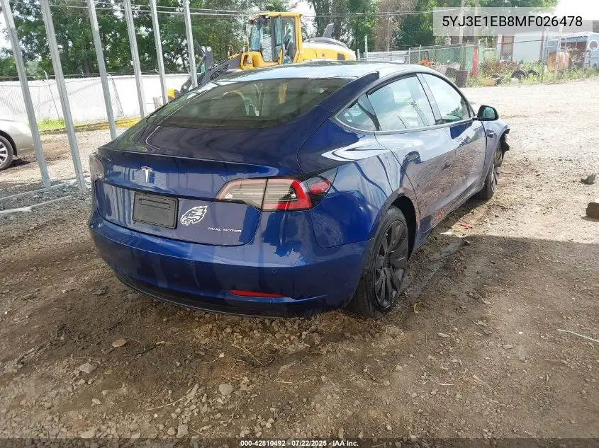 2021 Tesla Model 3 Long Range Dual Motor All-Wheel Drive VIN: 5YJ3E1EB8MF026478 Lot: 42810492