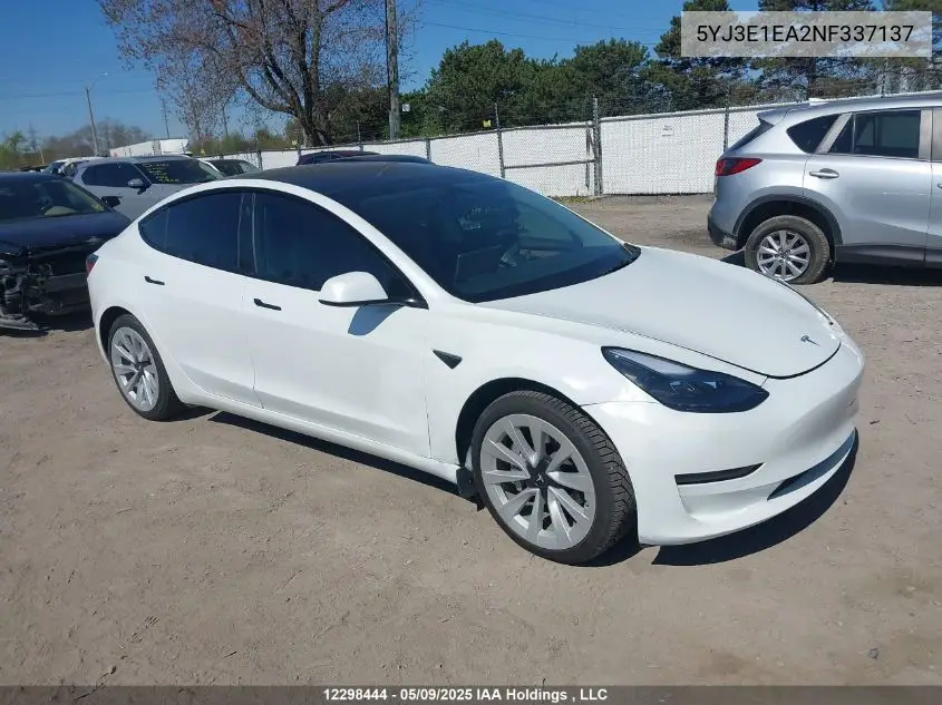 2022 Tesla Model 3 VIN: 5YJ3E1EA2NF337137 Lot: 12298444