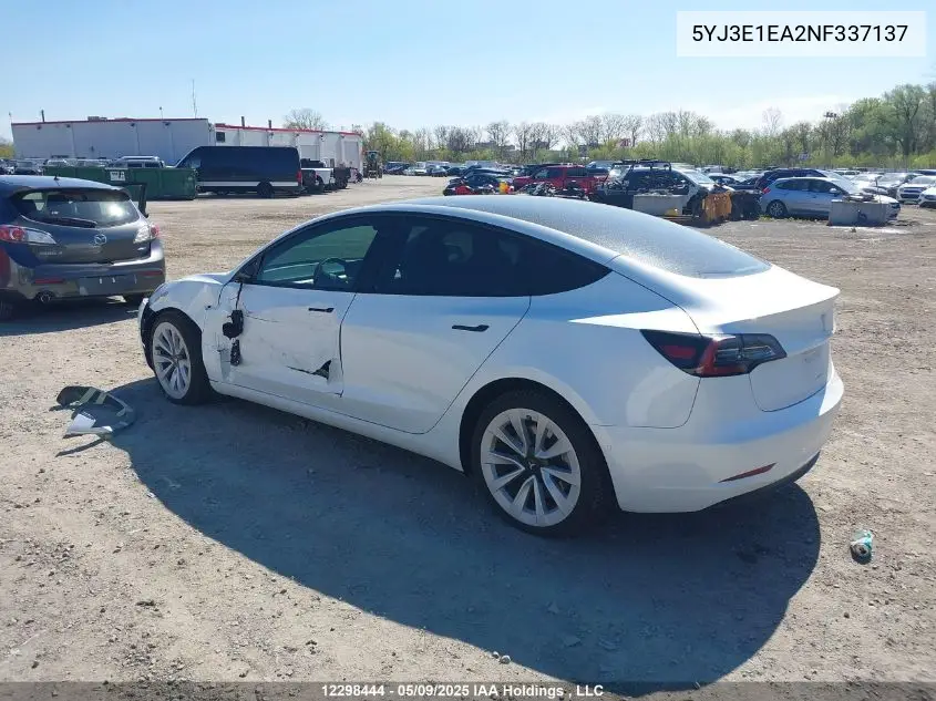2022 Tesla Model 3 VIN: 5YJ3E1EA2NF337137 Lot: 12298444