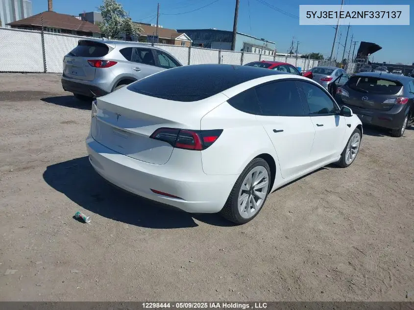 2022 Tesla Model 3 VIN: 5YJ3E1EA2NF337137 Lot: 12298444