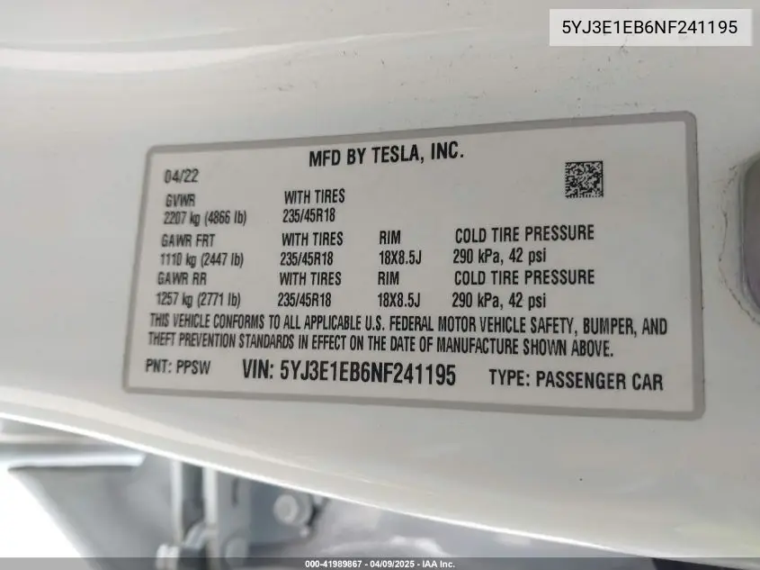 2022 Tesla Model 3 Long Range Dual Motor All-Wheel Drive VIN: 5YJ3E1EB6NF241195 Lot: 41989867