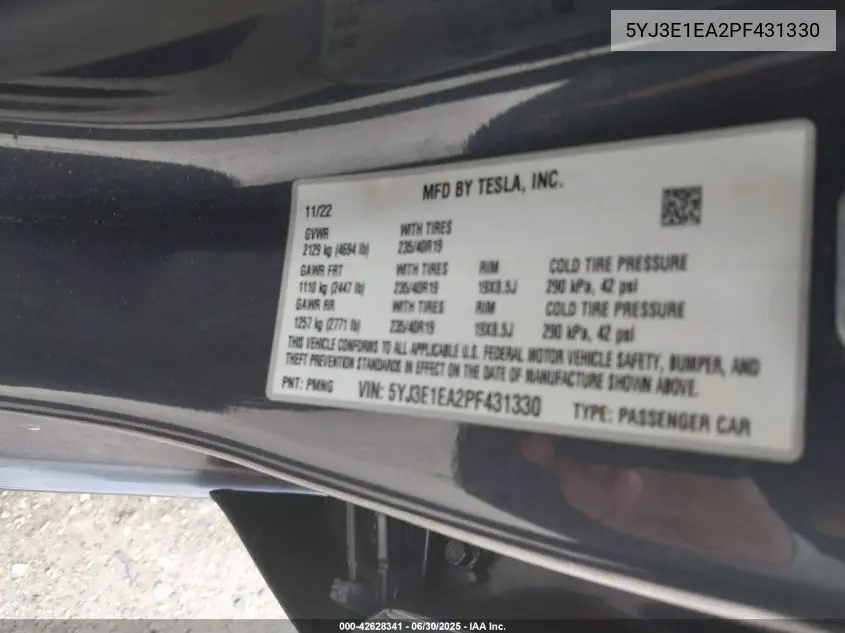2023 Tesla Model 3 Rear-Wheel Drive VIN: 5YJ3E1EA2PF431330 Lot: 42628341