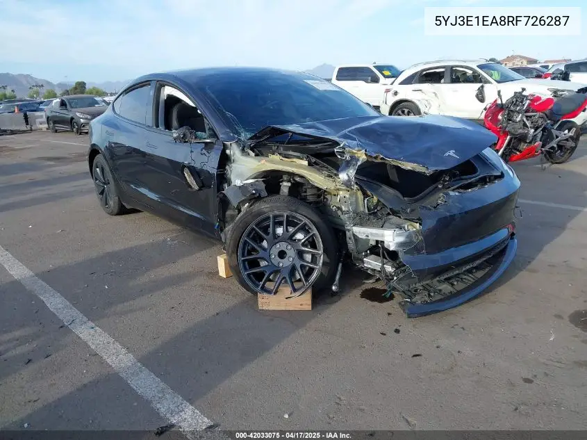 2024 Tesla Model 3 Long Range Dual Motor All-Wheel Drive/Rear-Wheel Drive VIN: 5YJ3E1EA8RF726287 Lot: 42033075