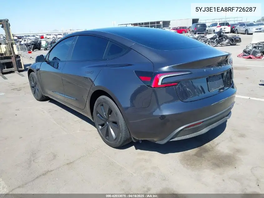 2024 Tesla Model 3 Long Range Dual Motor All-Wheel Drive/Rear-Wheel Drive VIN: 5YJ3E1EA8RF726287 Lot: 42033075