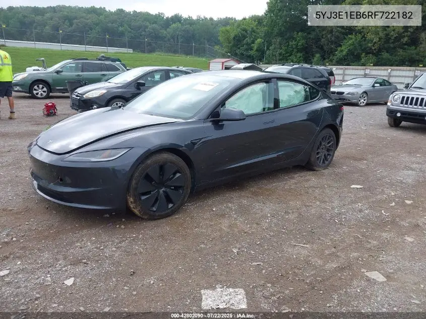 2024 Tesla Model 3 Long Range Dual Motor All-Wheel Drive VIN: 5YJ3E1EB6RF722182 Lot: 42802090