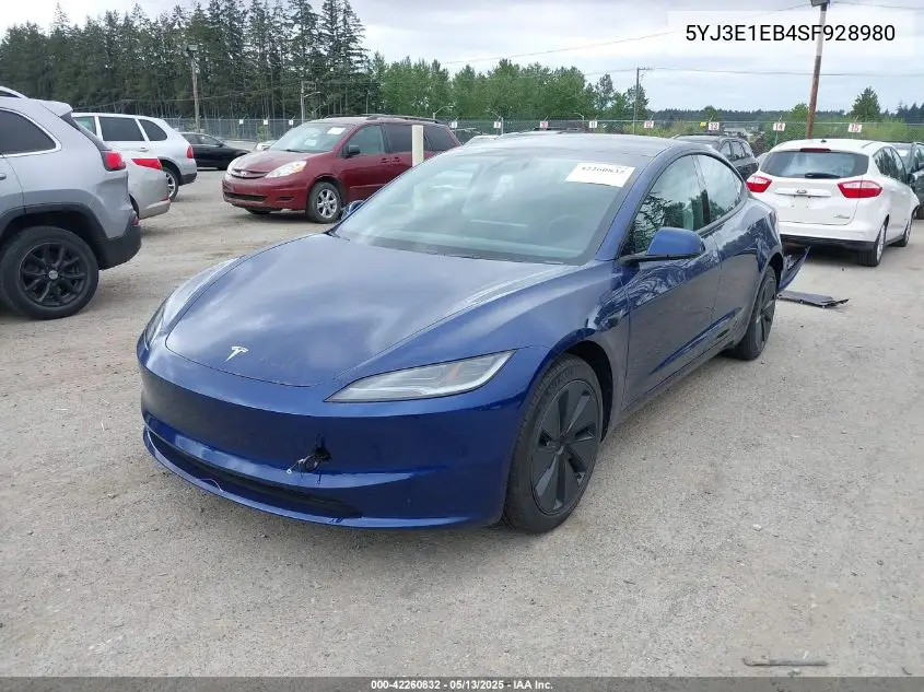 2025 Tesla Model 3 Long Range All-Wheel Drive VIN: 5YJ3E1EB4SF928980 Lot: 42260832
