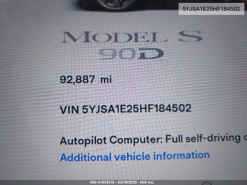 2017 Tesla Model S 100D/60D/75D/90D/P100D VIN: 5YJSA1E25HF184502 Lot: 41834310