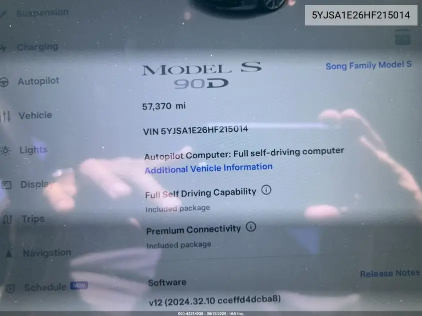 2017 Tesla Model S 100D/60D/75D/90D/P100D VIN: 5YJSA1E26HF215014 Lot: 42254930