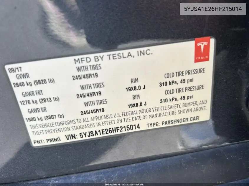 2017 Tesla Model S 100D/60D/75D/90D/P100D VIN: 5YJSA1E26HF215014 Lot: 42254930
