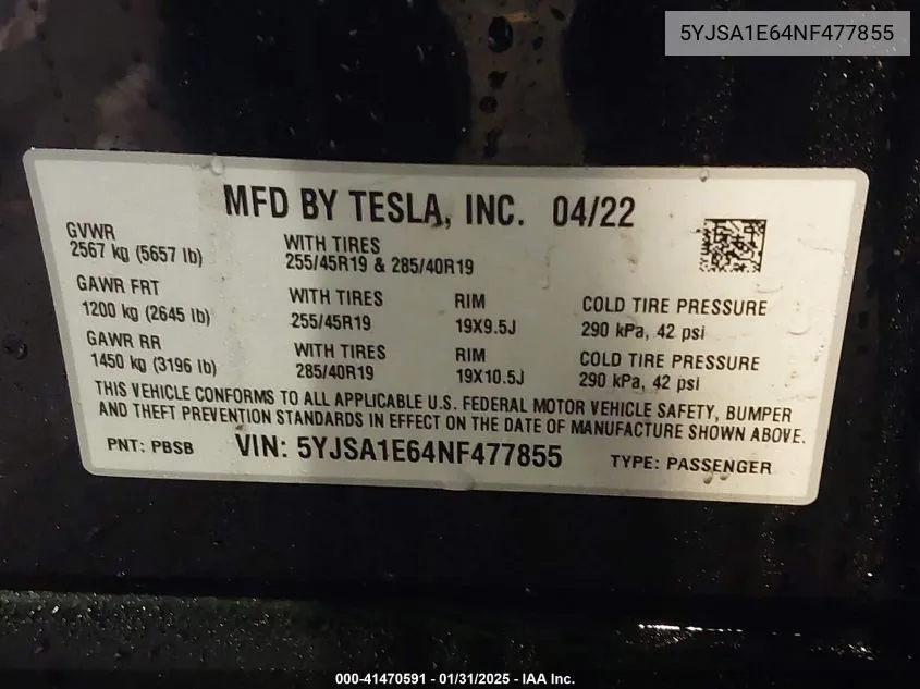 2022 Tesla Model S Plaid Tri Motor All-Wheel Drive VIN: 5YJSA1E64NF477855 Lot: 41470591