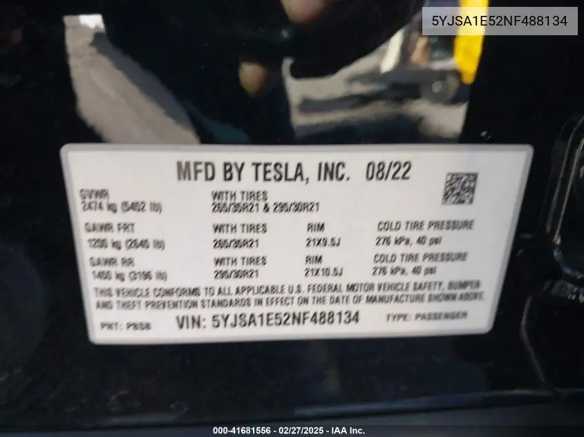 2022 Tesla Model S Dual Motor All-Wheel Drive VIN: 5YJSA1E52NF488134 Lot: 41681556
