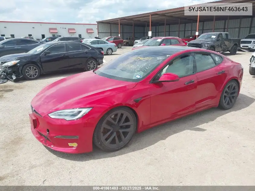 2022 Tesla Model S Dual Motor All-Wheel Drive VIN: 5YJSA1E58NF463643 Lot: 41861483