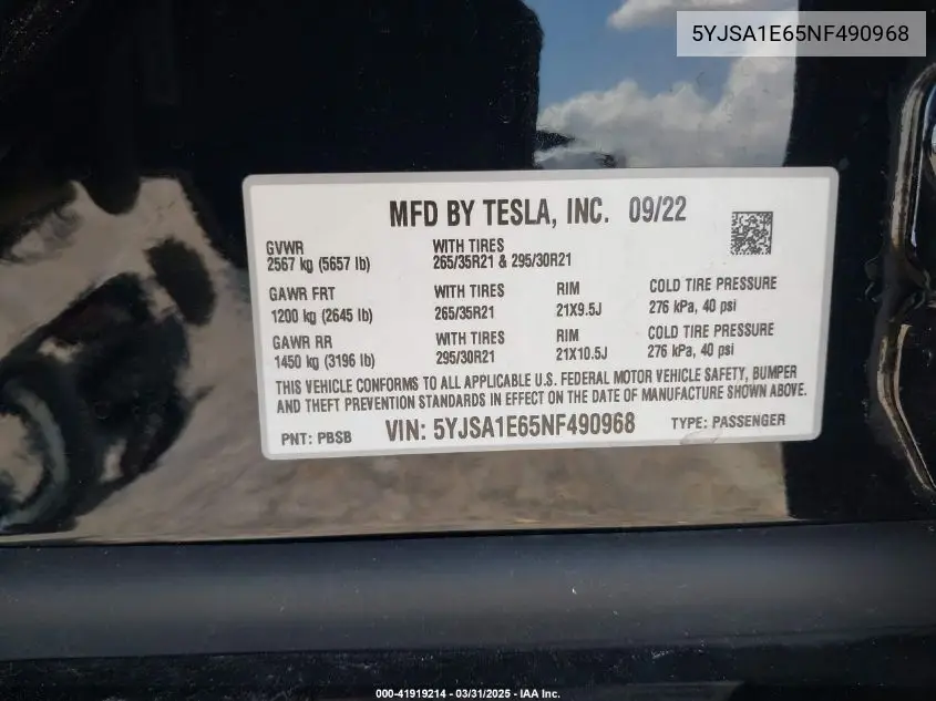 2022 Tesla Model S Plaid Tri Motor All-Wheel Drive VIN: 5YJSA1E65NF490968 Lot: 41919214