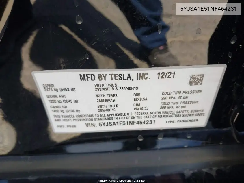 2022 Tesla Model S Dual Motor All-Wheel Drive VIN: 5YJSA1E51NF464231 Lot: 42077838