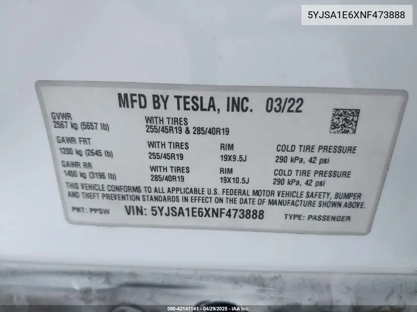 2022 Tesla Model S Plaid Tri Motor All-Wheel Drive VIN: 5YJSA1E6XNF473888 Lot: 42141141