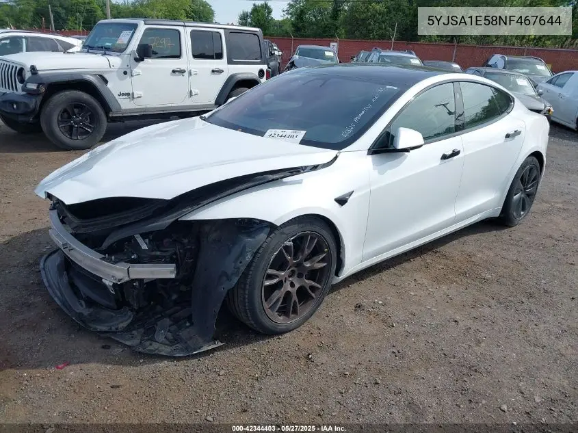 2022 Tesla Model S Dual Motor All-Wheel Drive VIN: 5YJSA1E58NF467644 Lot: 42344403