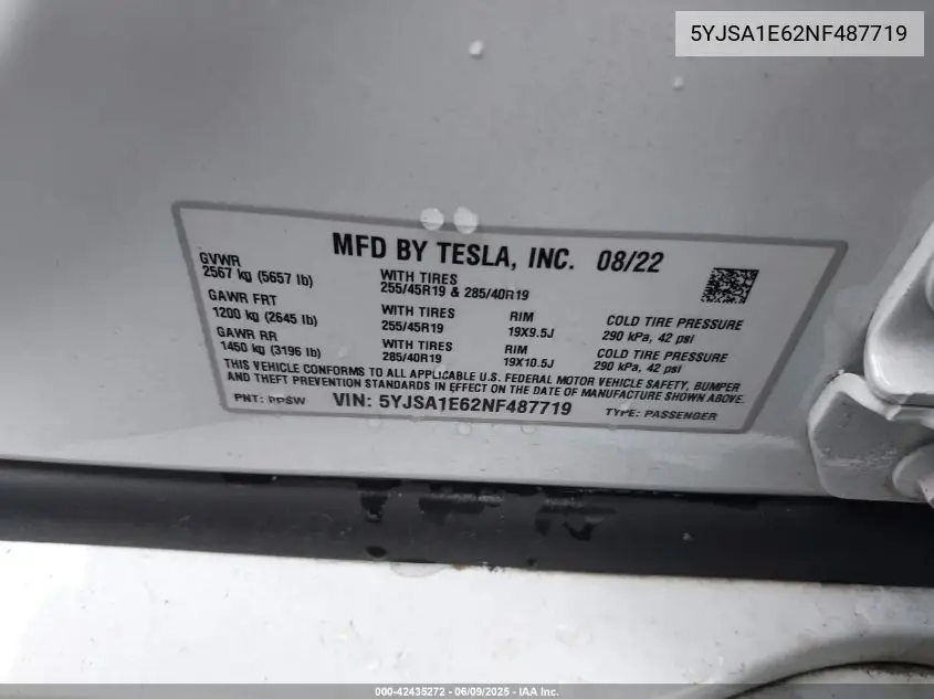 2022 Tesla Model S Plaid Tri Motor All-Wheel Drive VIN: 5YJSA1E62NF487719 Lot: 42435272