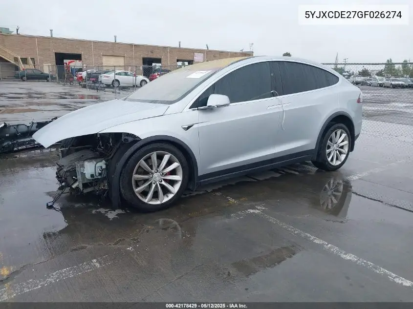 2016 Tesla Model X 60D/70D/75D/90D VIN: 5YJXCDE27GF026274 Lot: 42178429