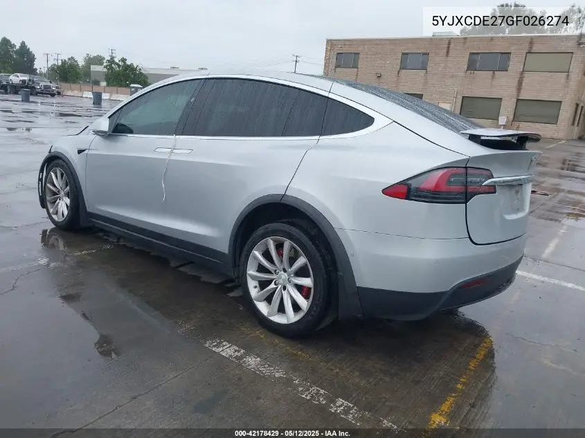 2016 Tesla Model X 60D/70D/75D/90D VIN: 5YJXCDE27GF026274 Lot: 42178429