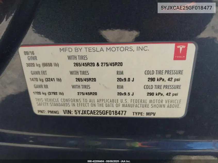 2016 Tesla Model X 60D/70D/75D/90D VIN: 5YJXCAE25GF018477 Lot: 42208404