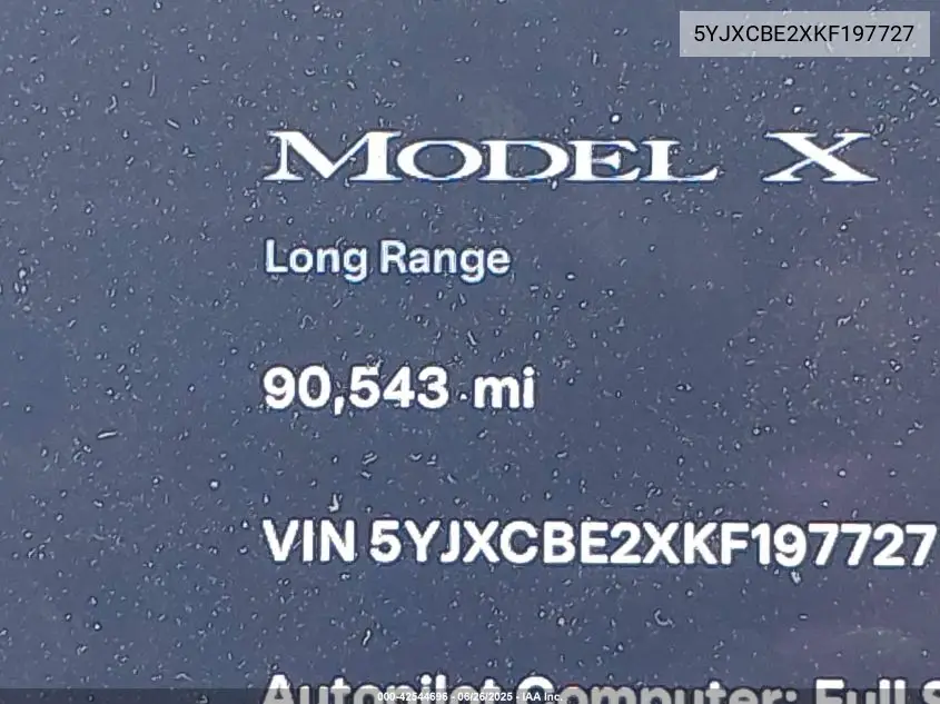 2019 Tesla Model X 100D/75D/Long Range VIN: 5YJXCBE2XKF197727 Lot: 42544696