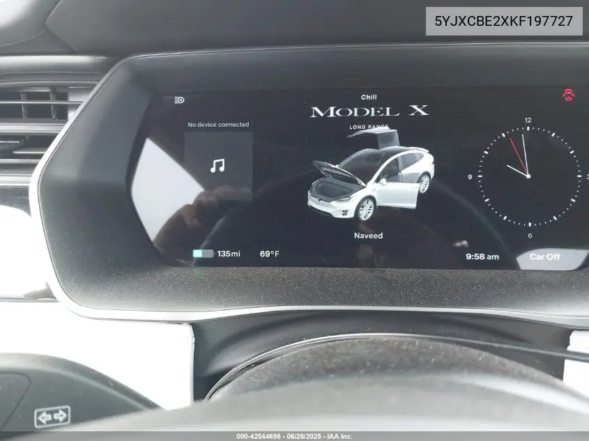 2019 Tesla Model X 100D/75D/Long Range VIN: 5YJXCBE2XKF197727 Lot: 42544696