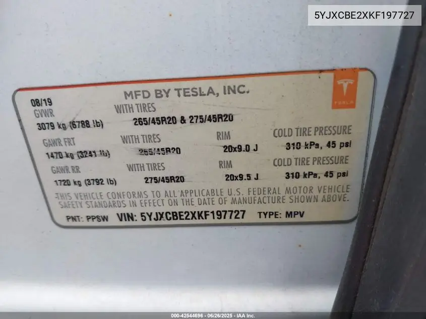 2019 Tesla Model X 100D/75D/Long Range VIN: 5YJXCBE2XKF197727 Lot: 42544696