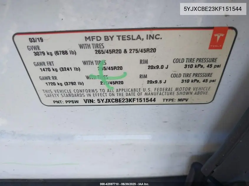 2019 Tesla Model X 100D/75D/Long Range VIN: 5YJXCBE23KF151544 Lot: 42597710