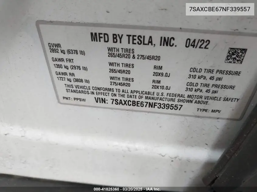 2022 Tesla Model X Plaid Tri Motor All-Wheel Drive VIN: 7SAXCBE67NF339557 Lot: 41825360